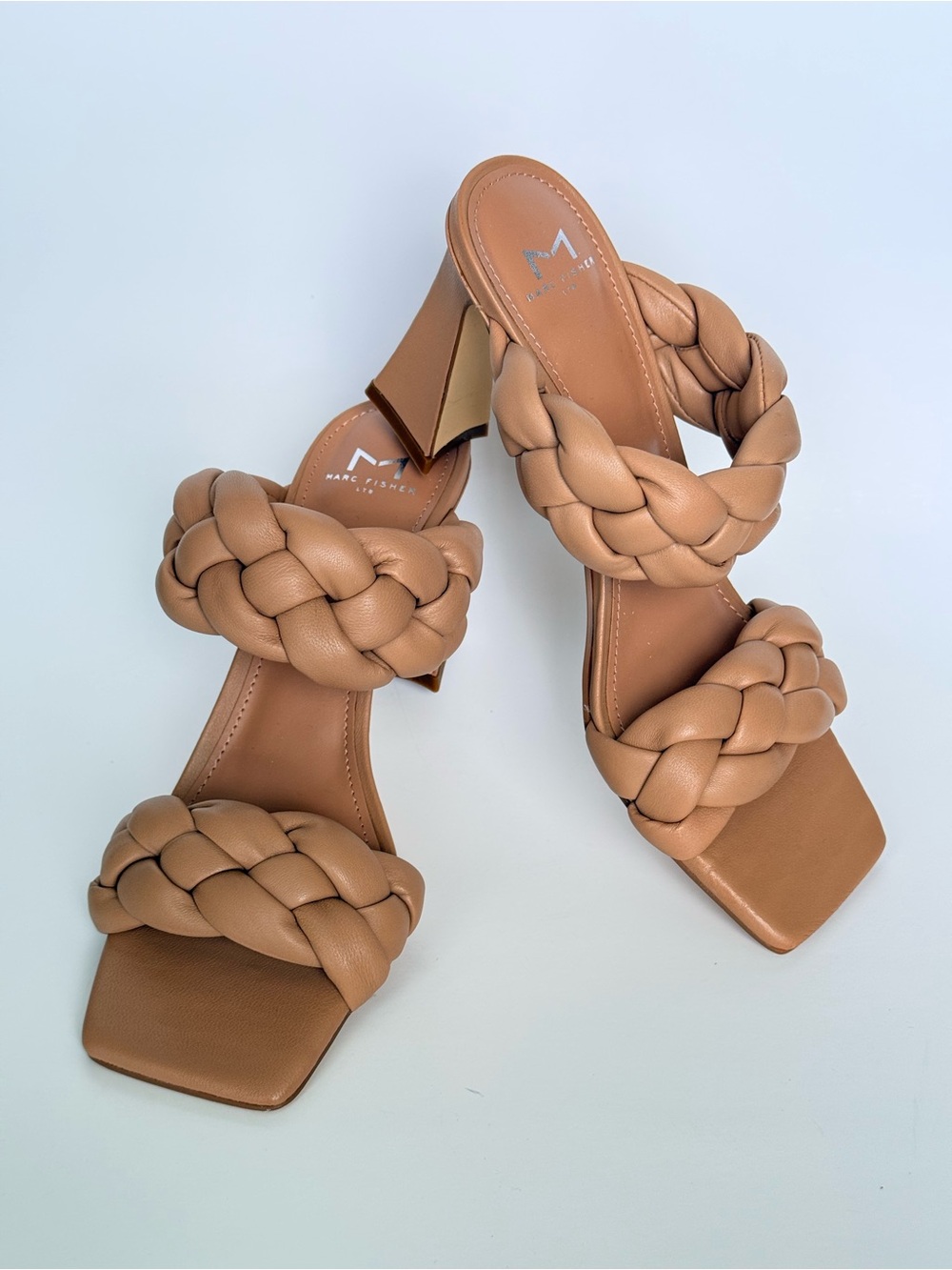 Marc Fisher Braided Double-Strap Tan Block Heel Slides Size 8.5